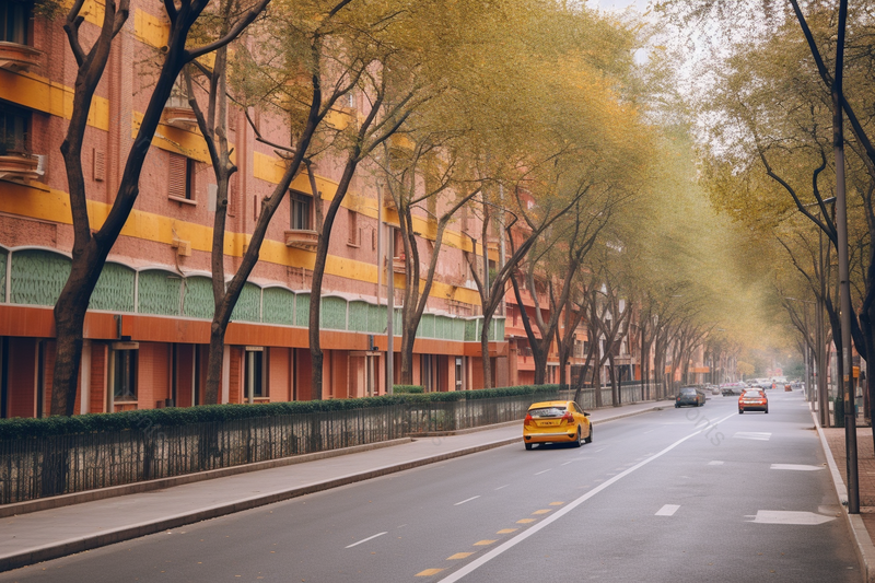 秋天宽敞的马路路边黄色叶子的树机动车卢绿色植物,高清,摄影图,摄影图片,图片大全,摄影图免费下载